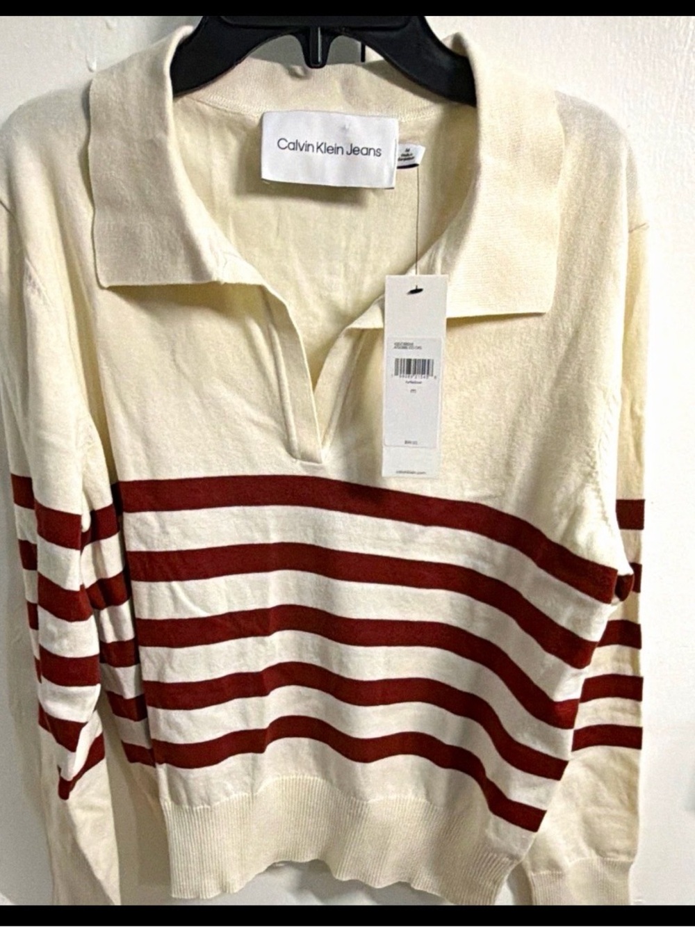 Calvin Klein Cream & Rust-Red Striped V-Neck Polo Sweater